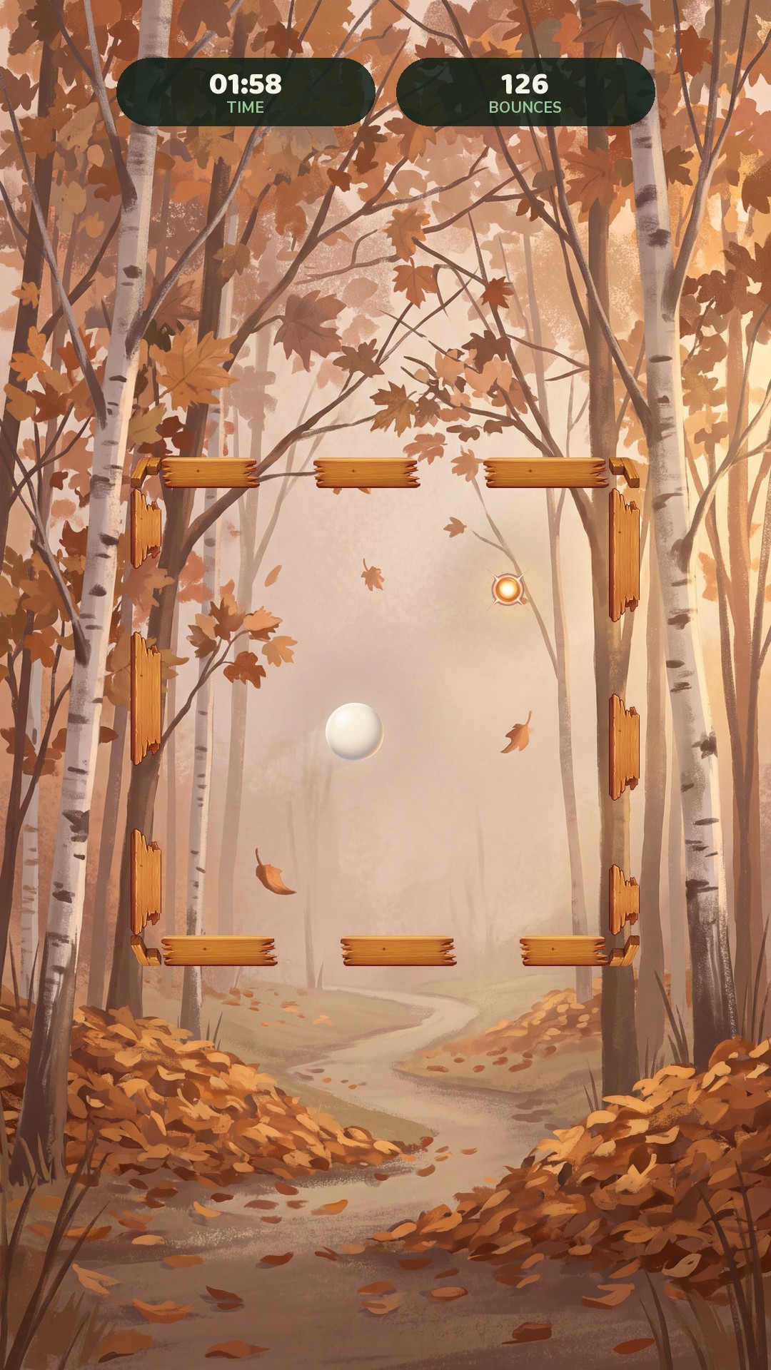 An autumn round: warm orange forest behind the wooden frame, with a glowing golden orb inside it near the top right.
