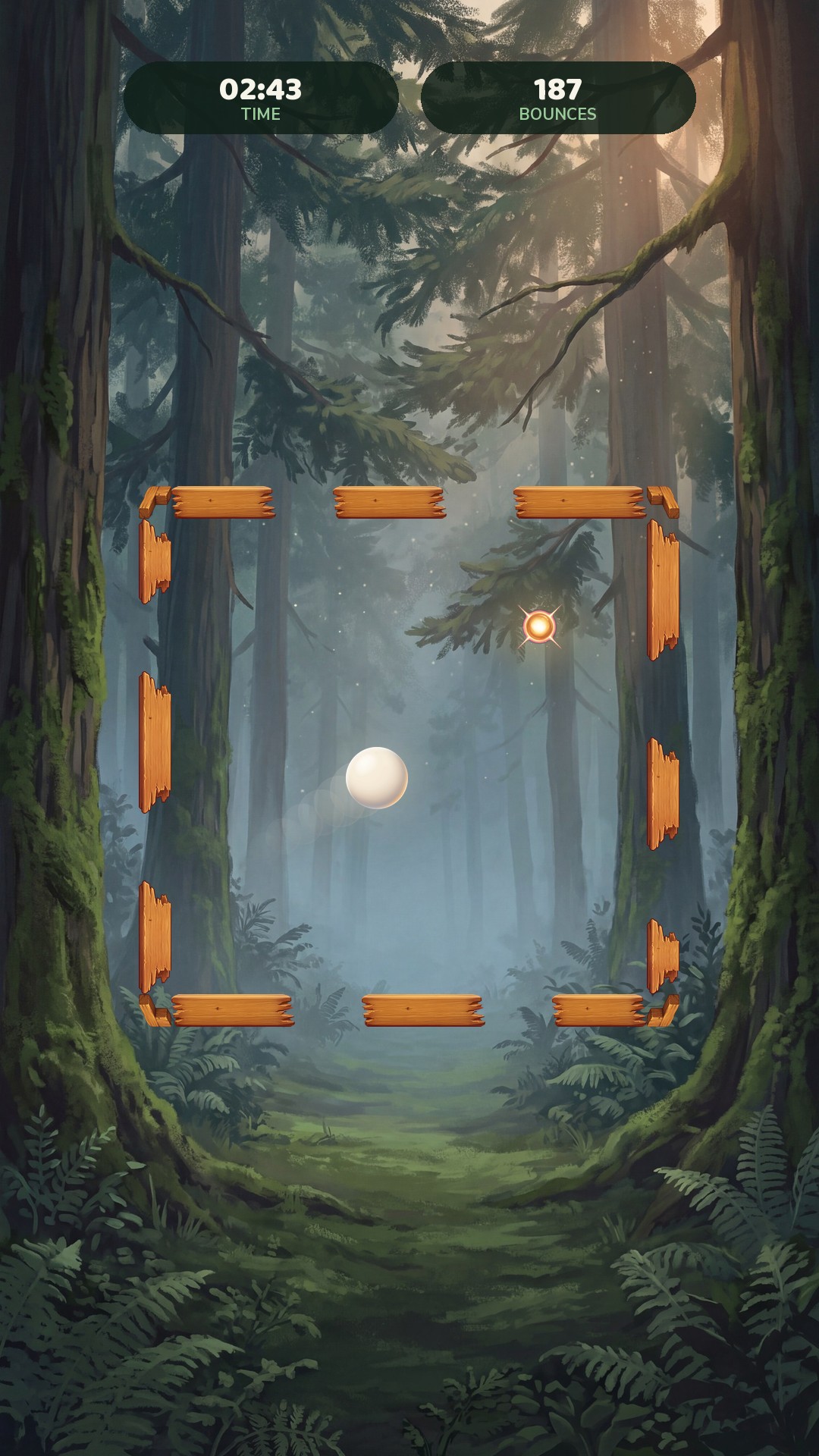 A Boxscape round in the forest: a wooden frame with wide gaps on every side, a white ball inside it, and a HUD reading two minutes forty-three seconds and 187 bounces.