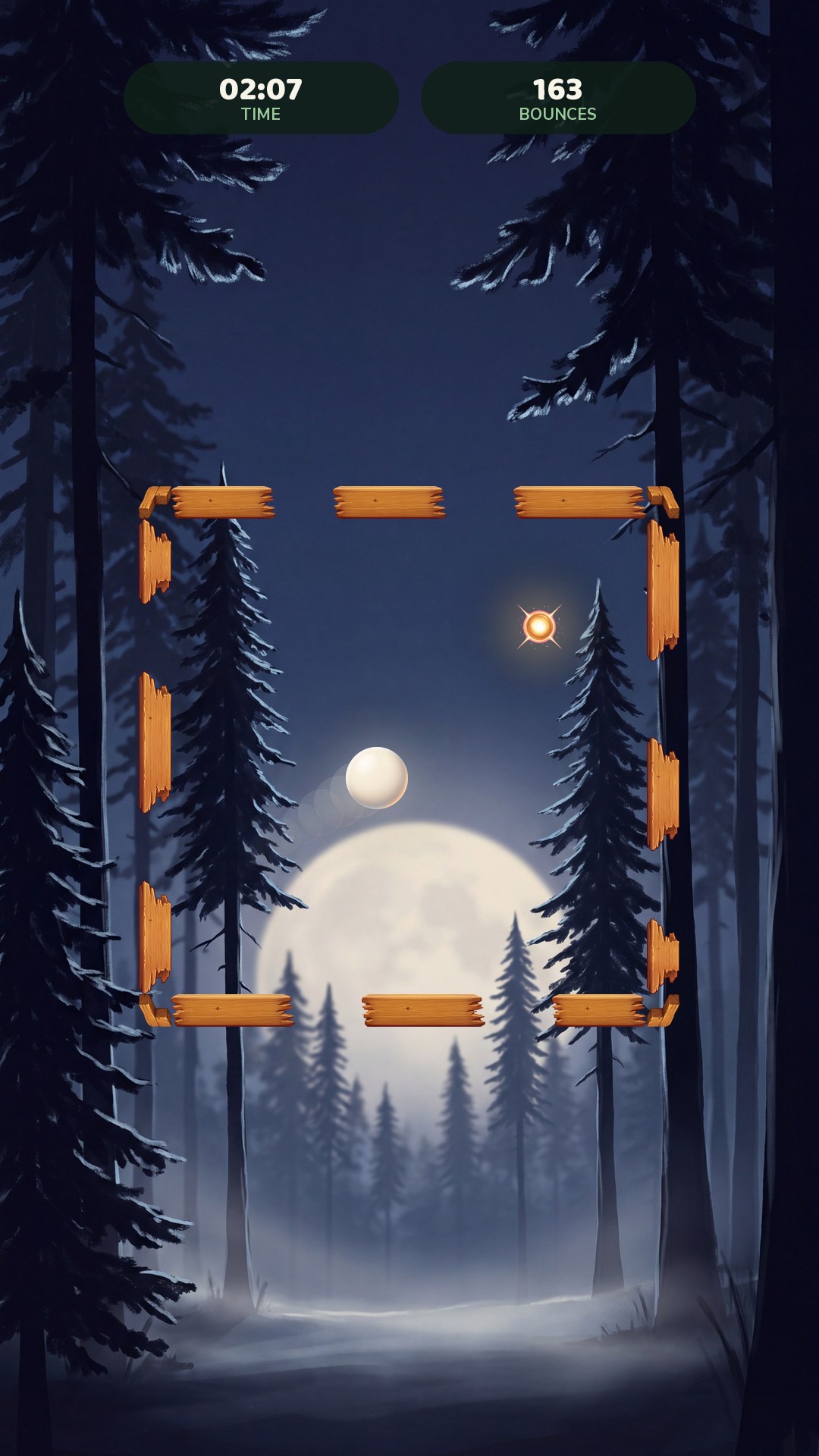 A moonlit round: pines silhouetted against a full moon behind the wooden frame.