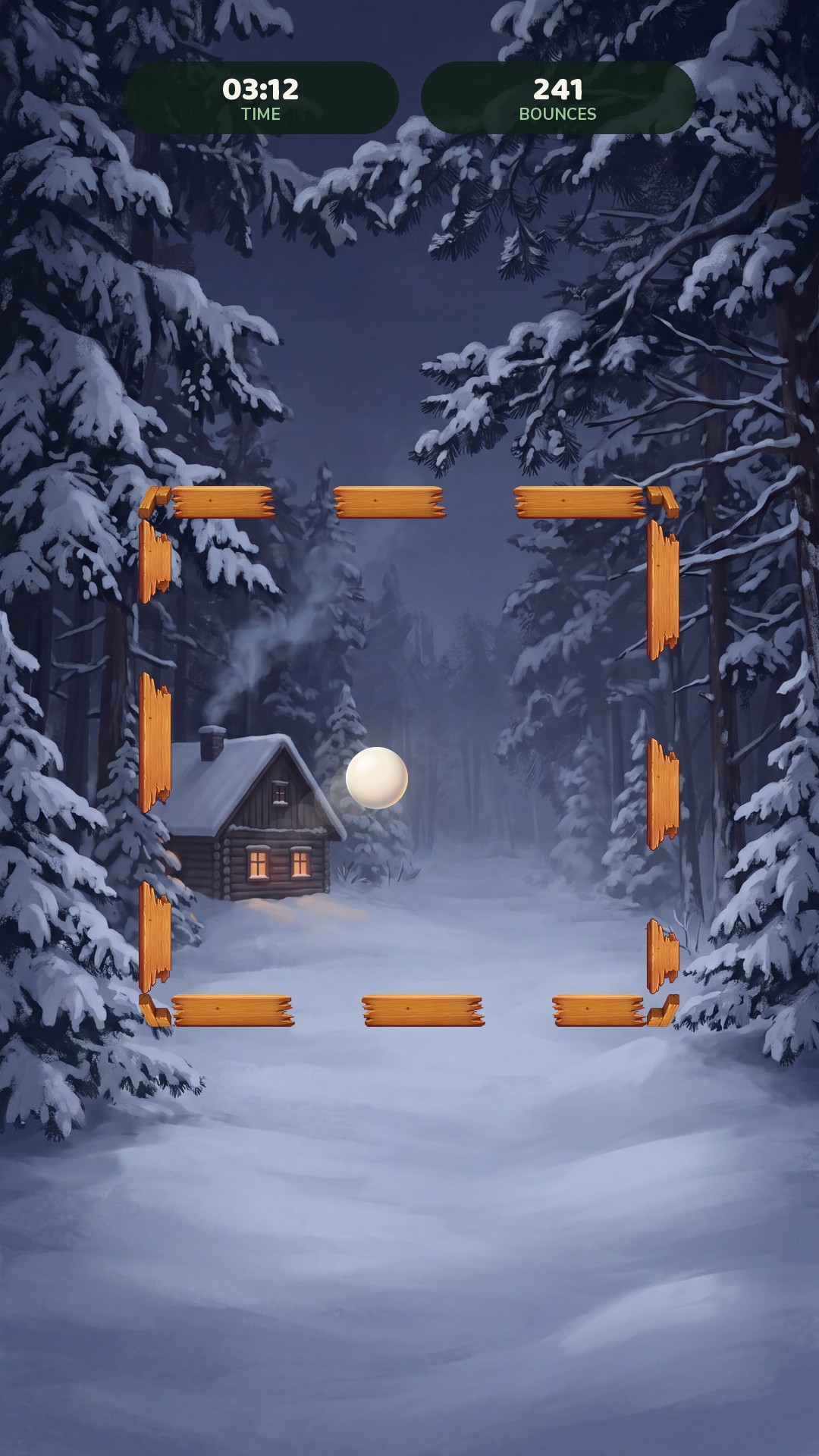 The snow cabin environment: snow-laden spruce around a lit timber cabin at night.